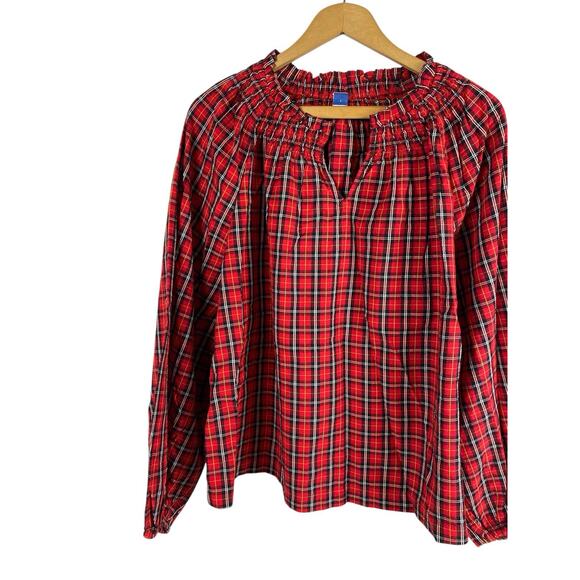 Old Navy Blouse Top Red Plaid Tartan Check Womens Smocked Christmas Preppy L New - Picture 4 of 16